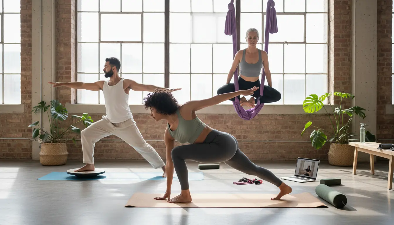 3 people doing different contemporary yoga styles