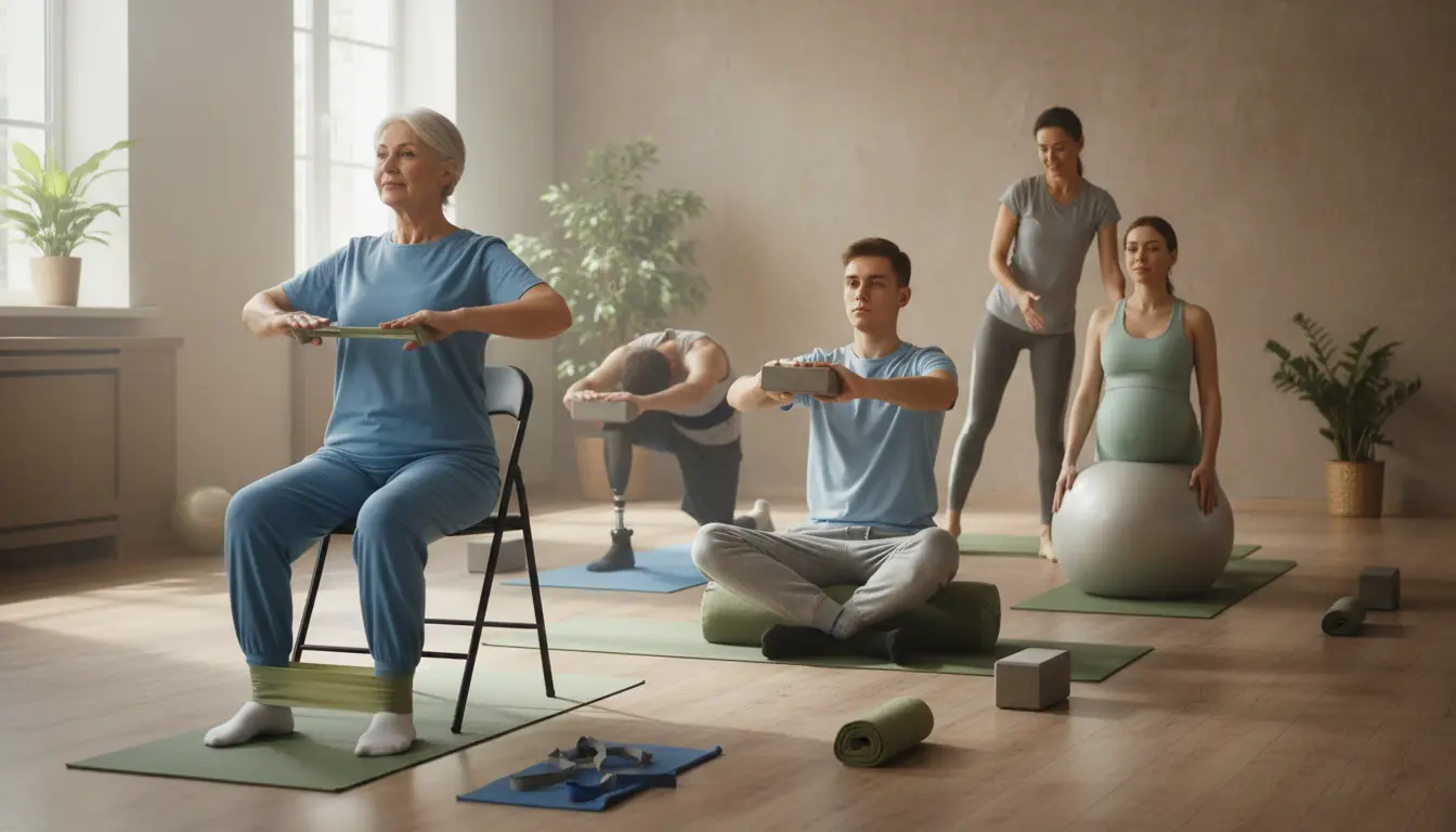 pregnant and elderly women doing yoga with the help of yoga trainer